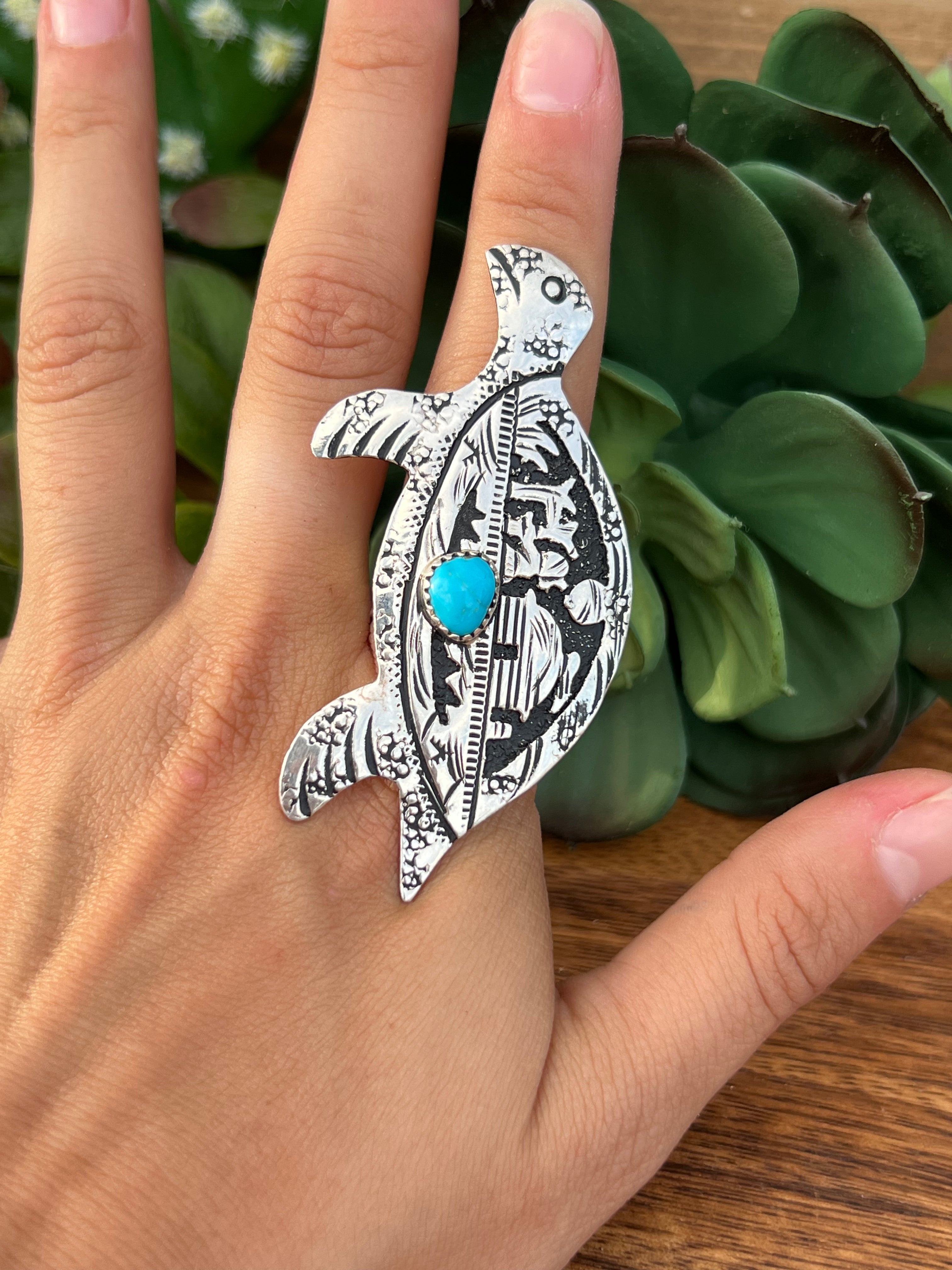 Rose Singer Turquoise & Sterling Silver Adjustable Turtle Ring Size 7