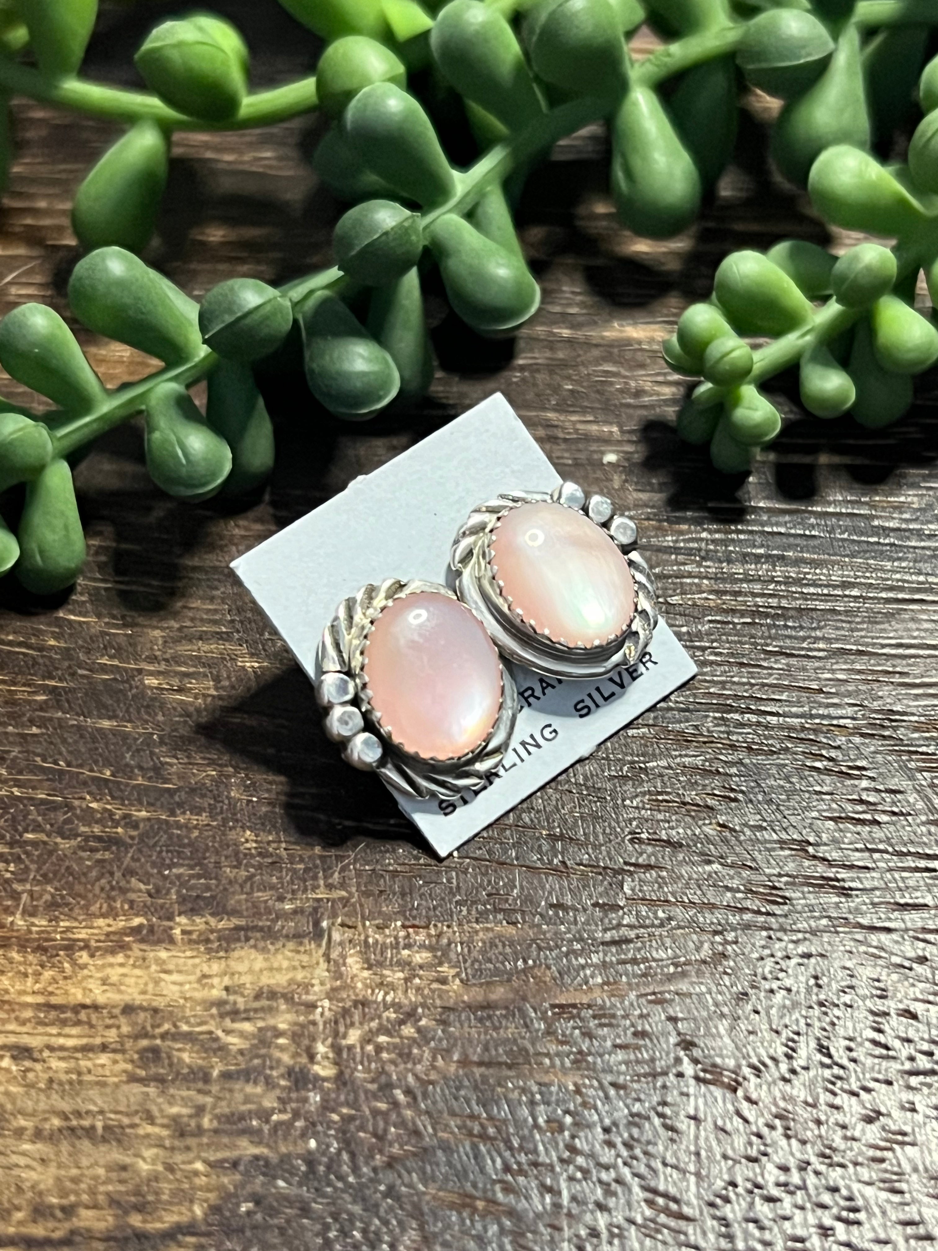 Navajo Made Mother Of Pearl & Sterling Silver Post Earrings