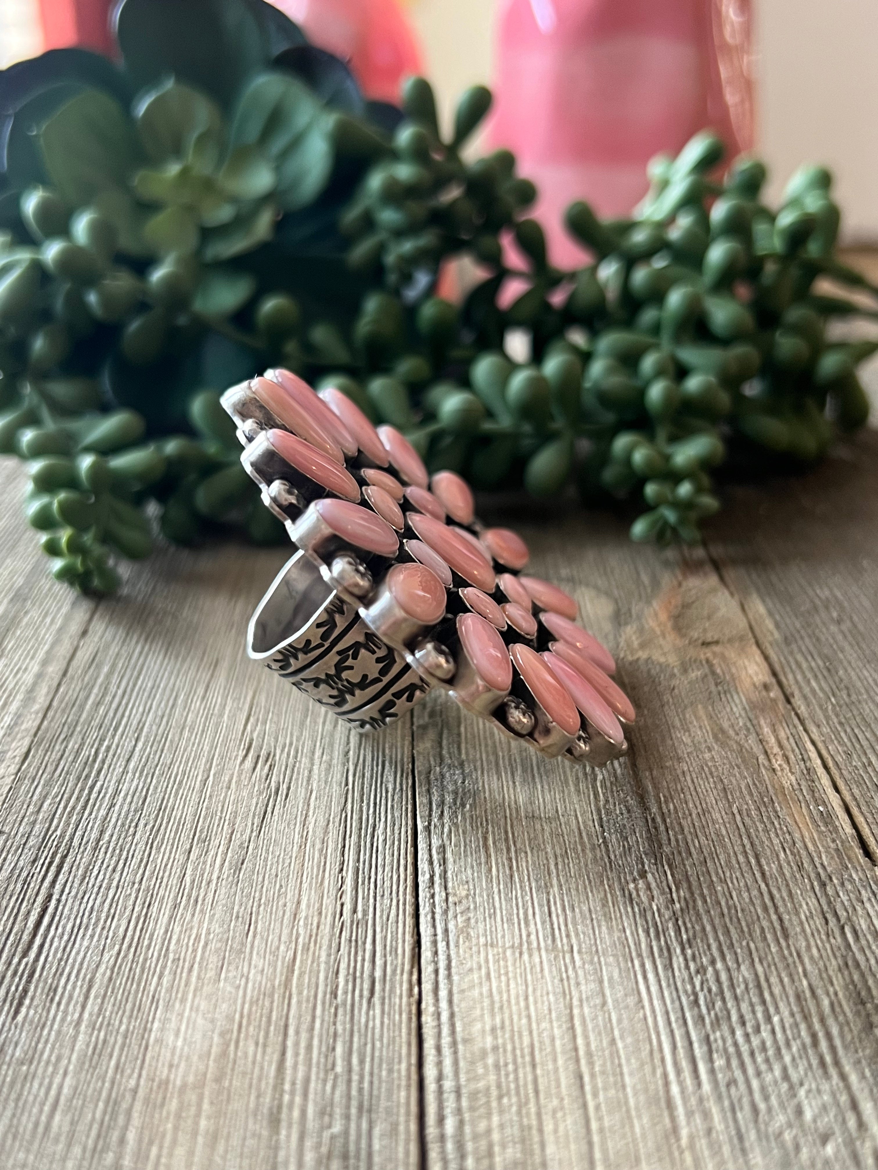 Navajo Made Pink Conch & Sterling Silver Adjustable Ring