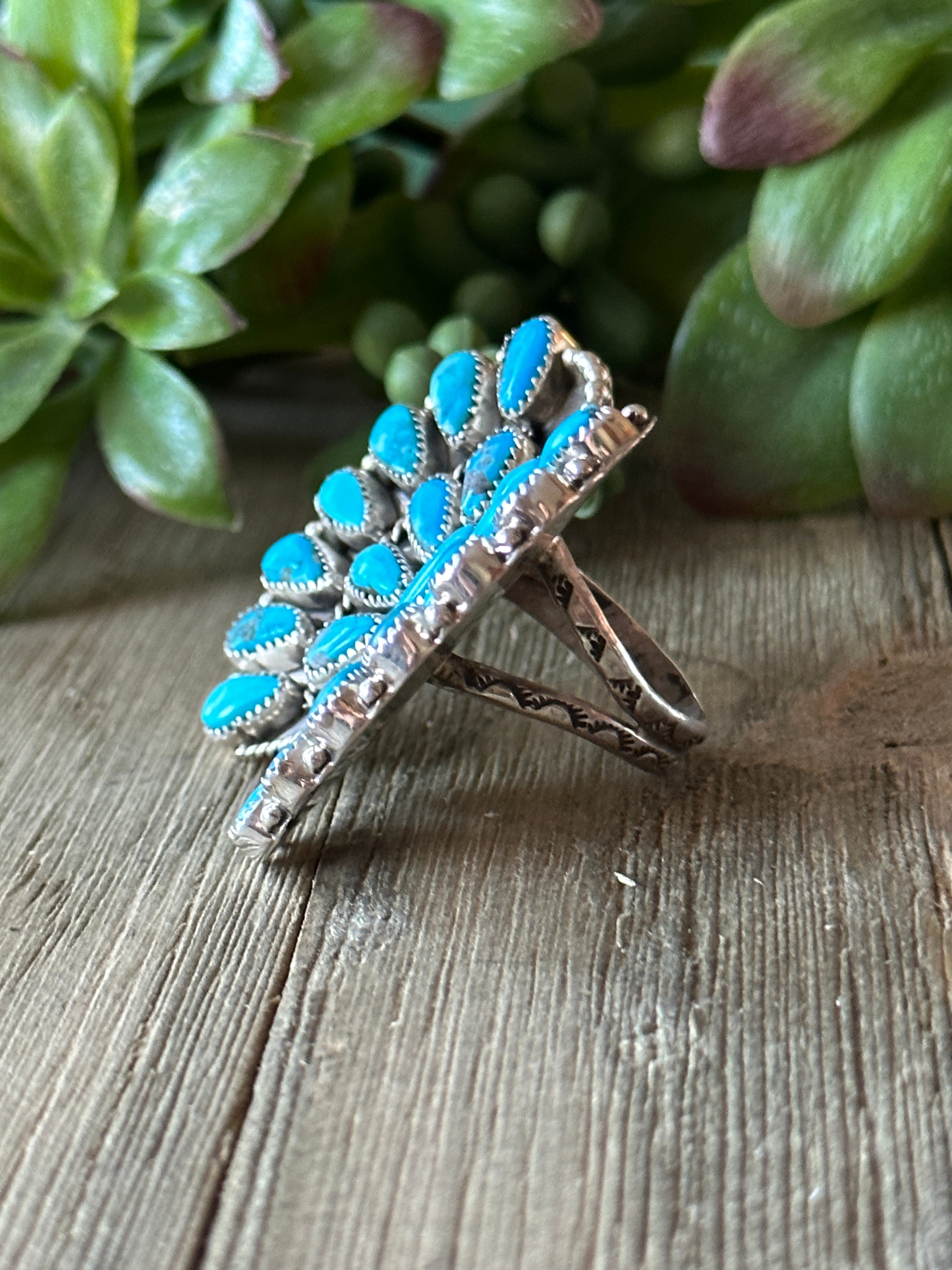 Navajo Made Kingman Turquoise & Sterling Silver Butterfly Cluster Adjustable Ring