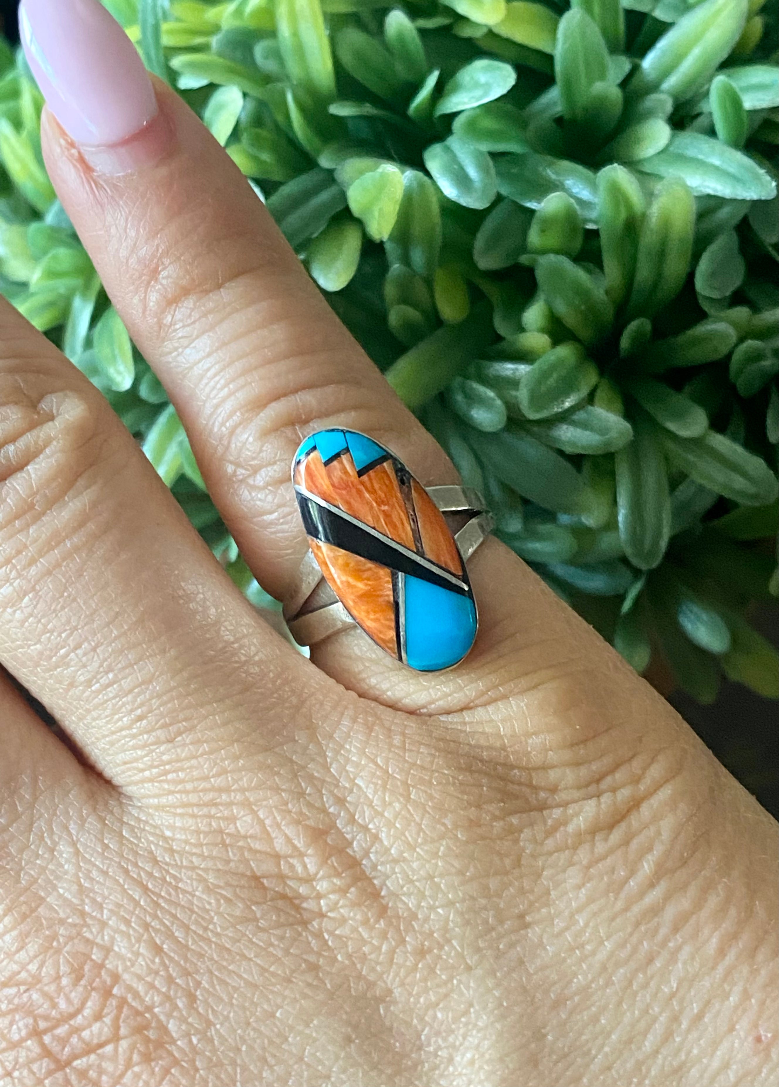 Navajo Made Multi Stone & Sterling Silver Inlay Ring Size 6