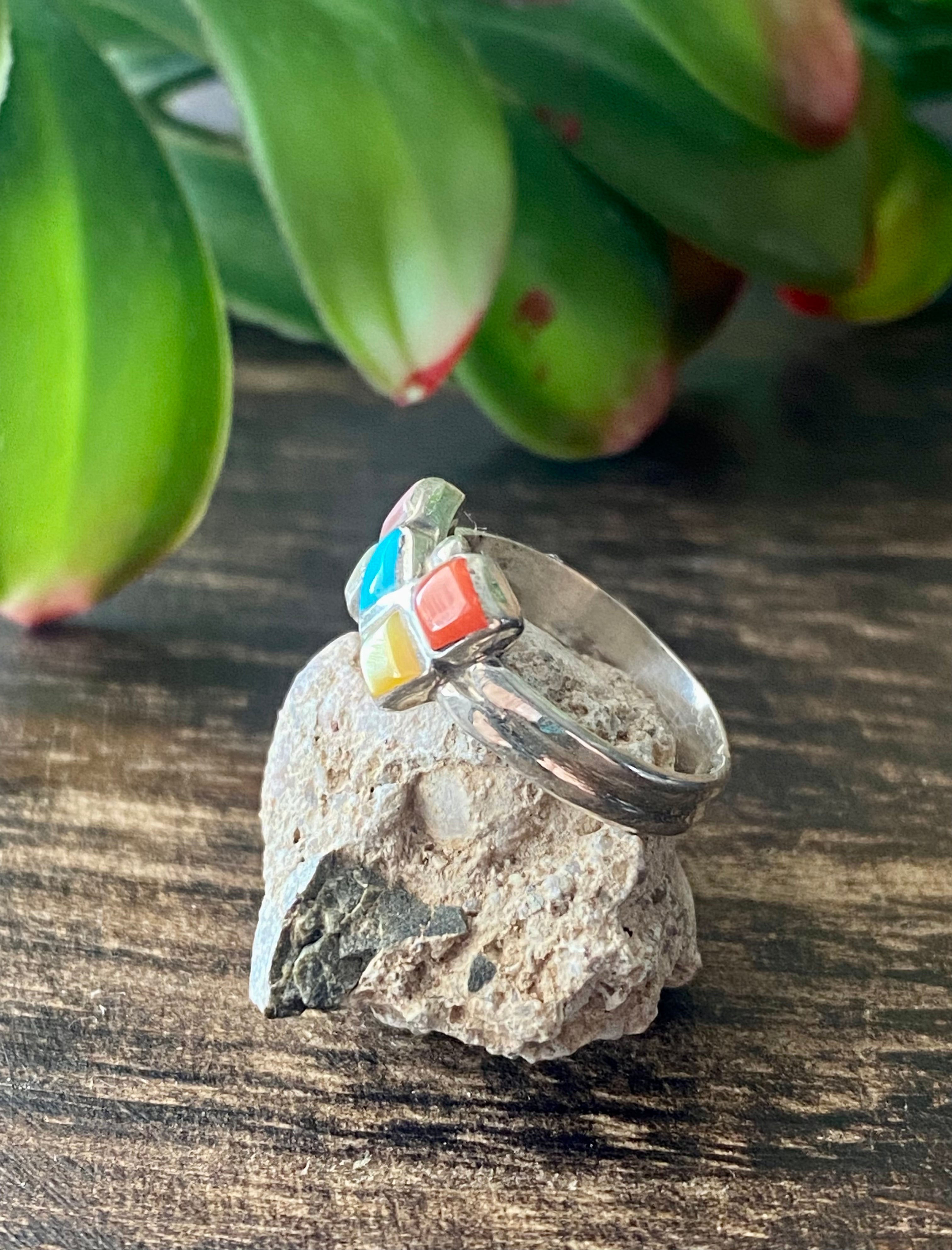 Navajo Made Multi Stone & Sterling Silver Inlay Ring Size 5