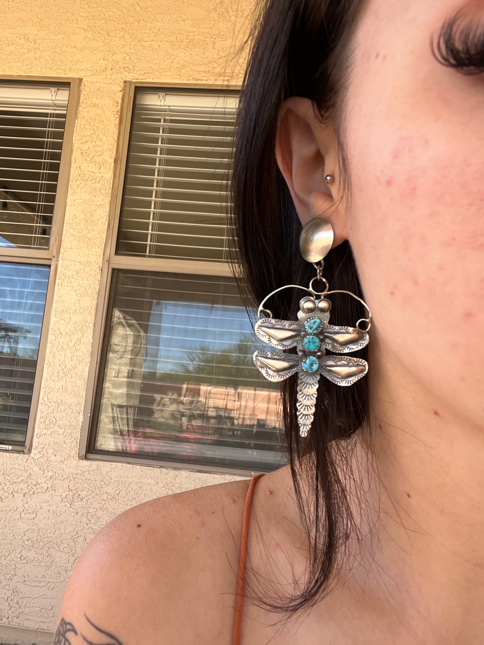 Tim Yazzie Kingman Turquoise & Sterling Silver Dragonfly Post Dangle Earrings