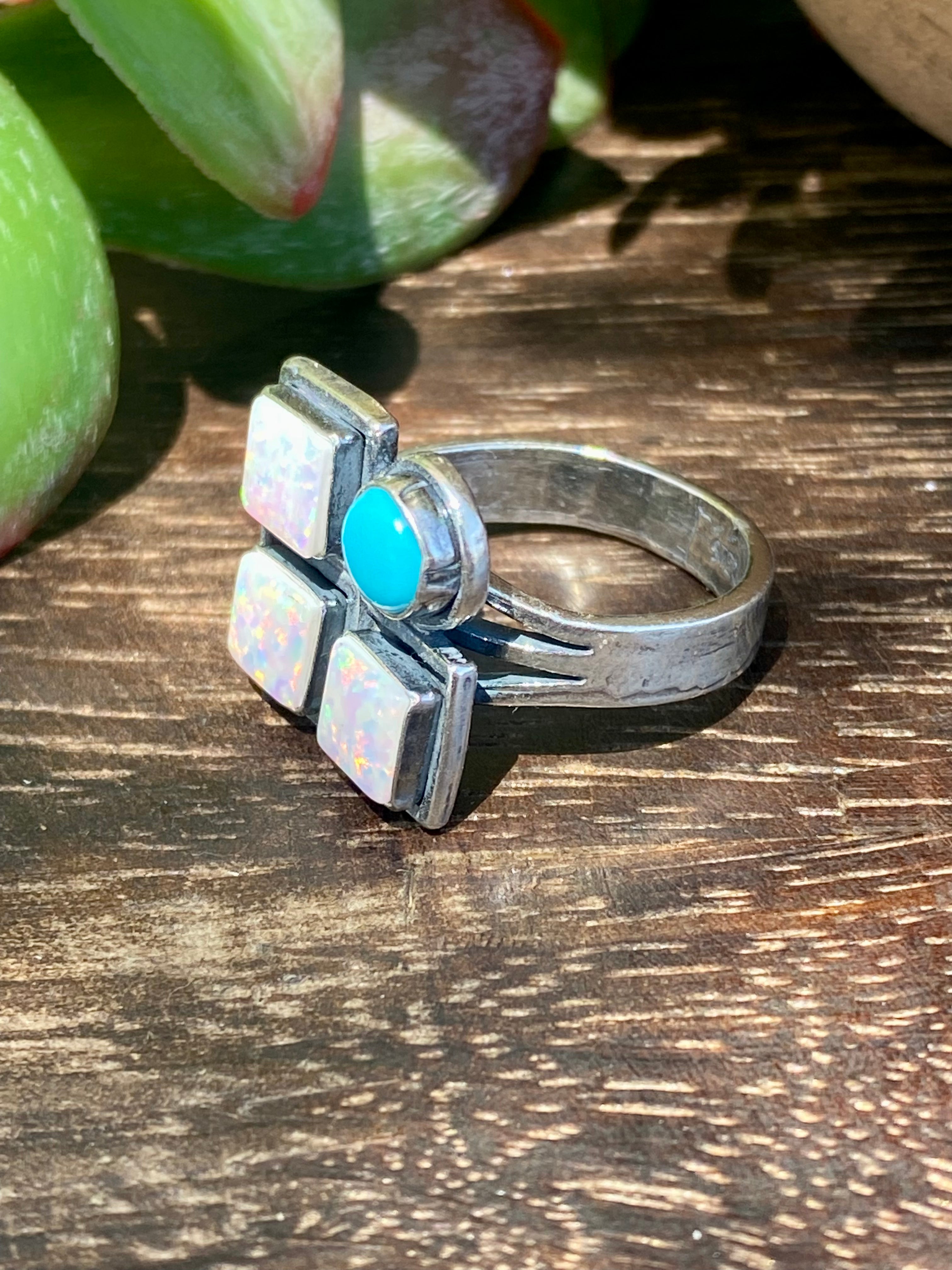 Navajo Made Kingman Turquoise & Opal Sterling Silver Ring Size 5