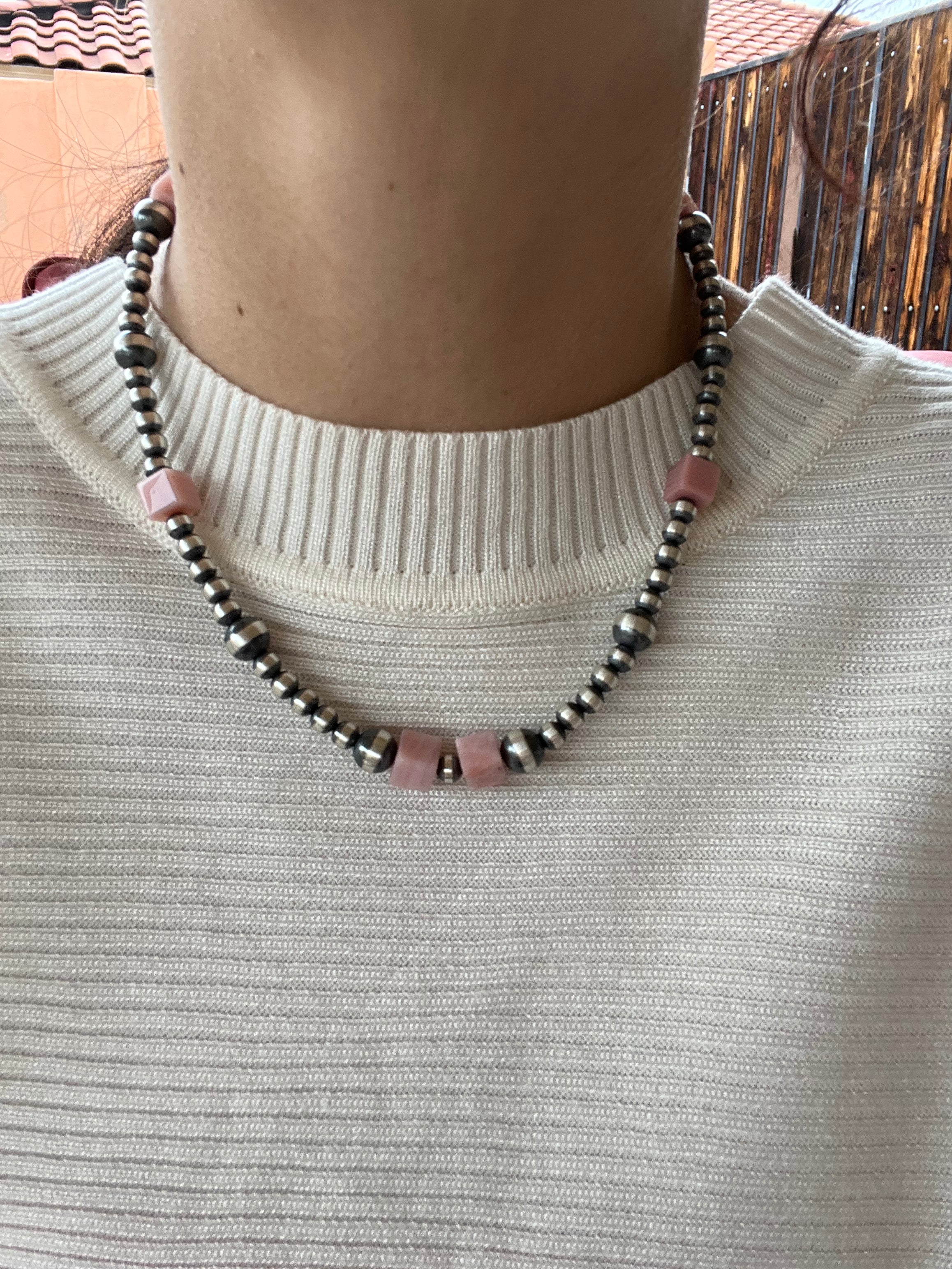 Navajo Pink Coral & Sterling Silver Graduated Pearl Necklace